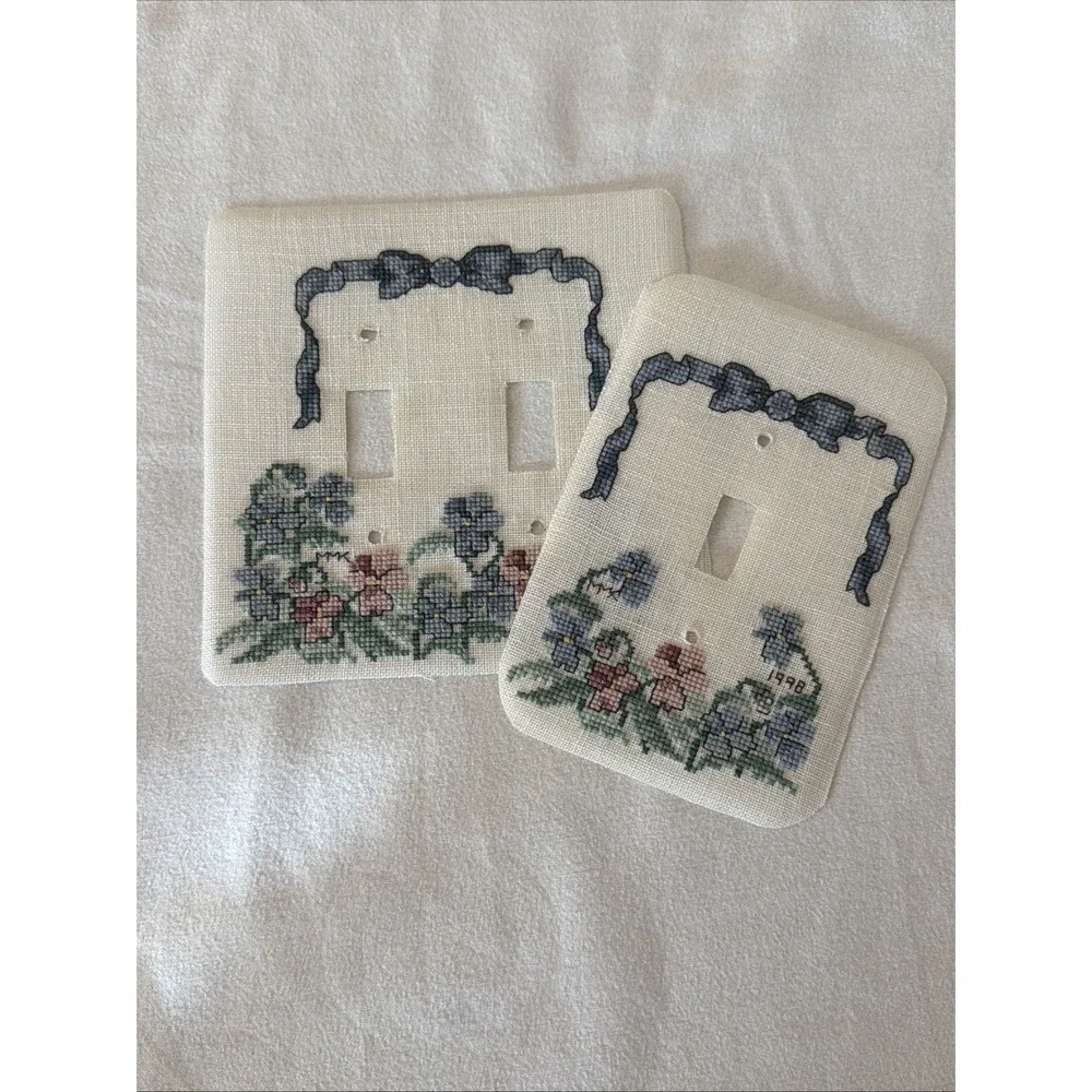 Set of 2 Vintage Needlepoint Switch Plate Covers Blue Flowers Handmade 1998